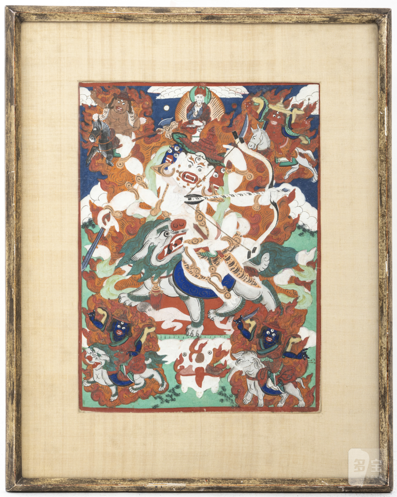 A small thangka depicting Pehar on a white Buddhist lion - 图2